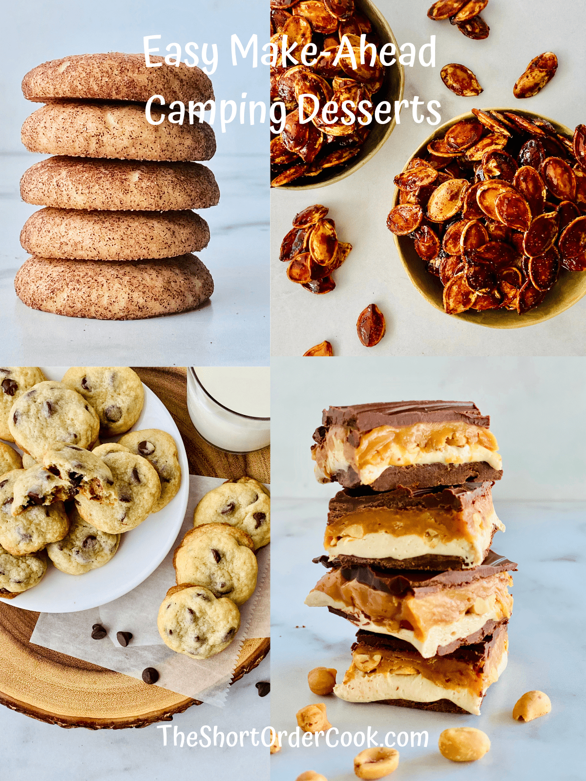 4 recipe images for snickerdoodles, honey roasted pumpkin seeds, snickers bars, and chocolate chip cookies.