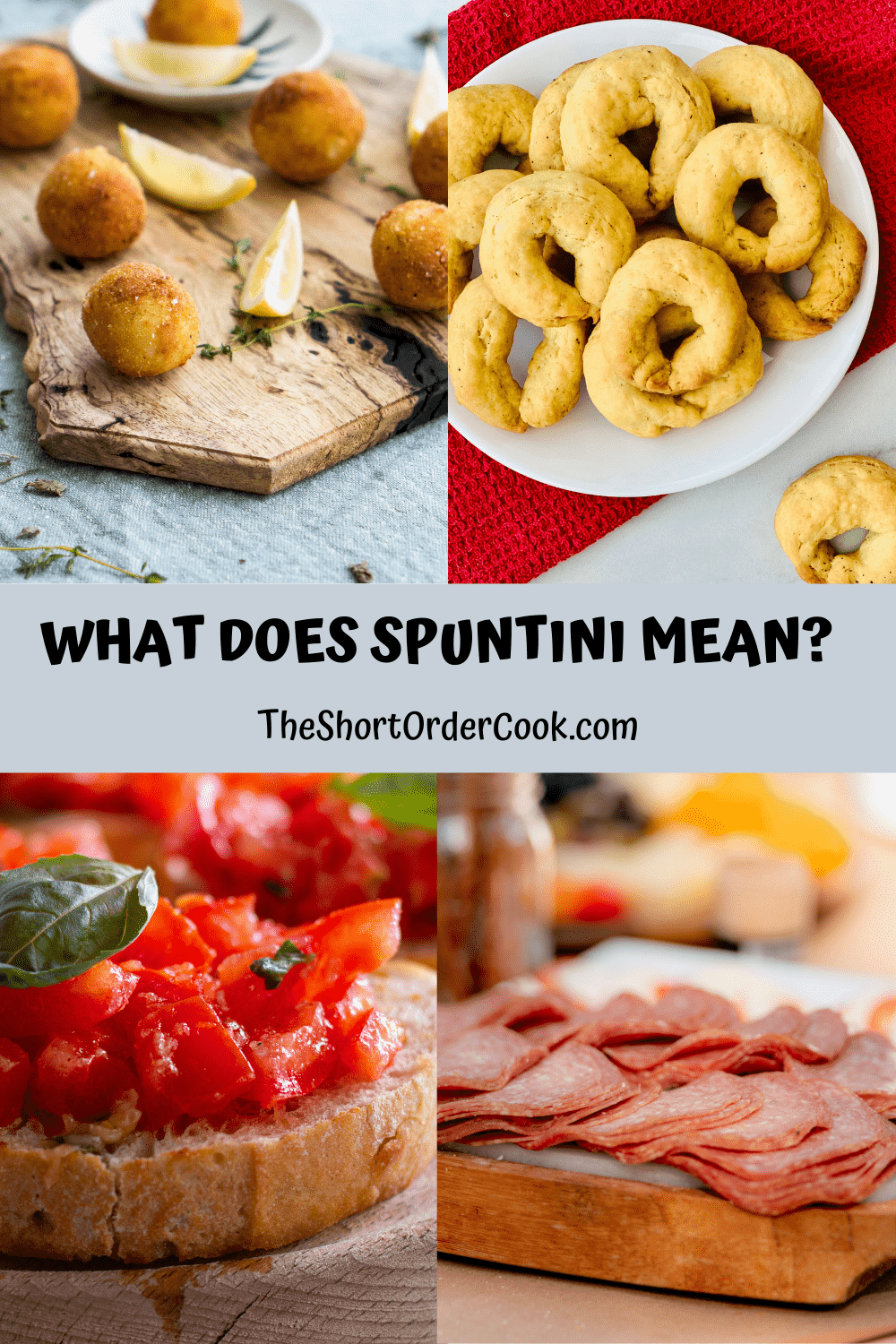 4 recipe images for arancini, bruschetta, taralli, and salami for spuntini snacks.