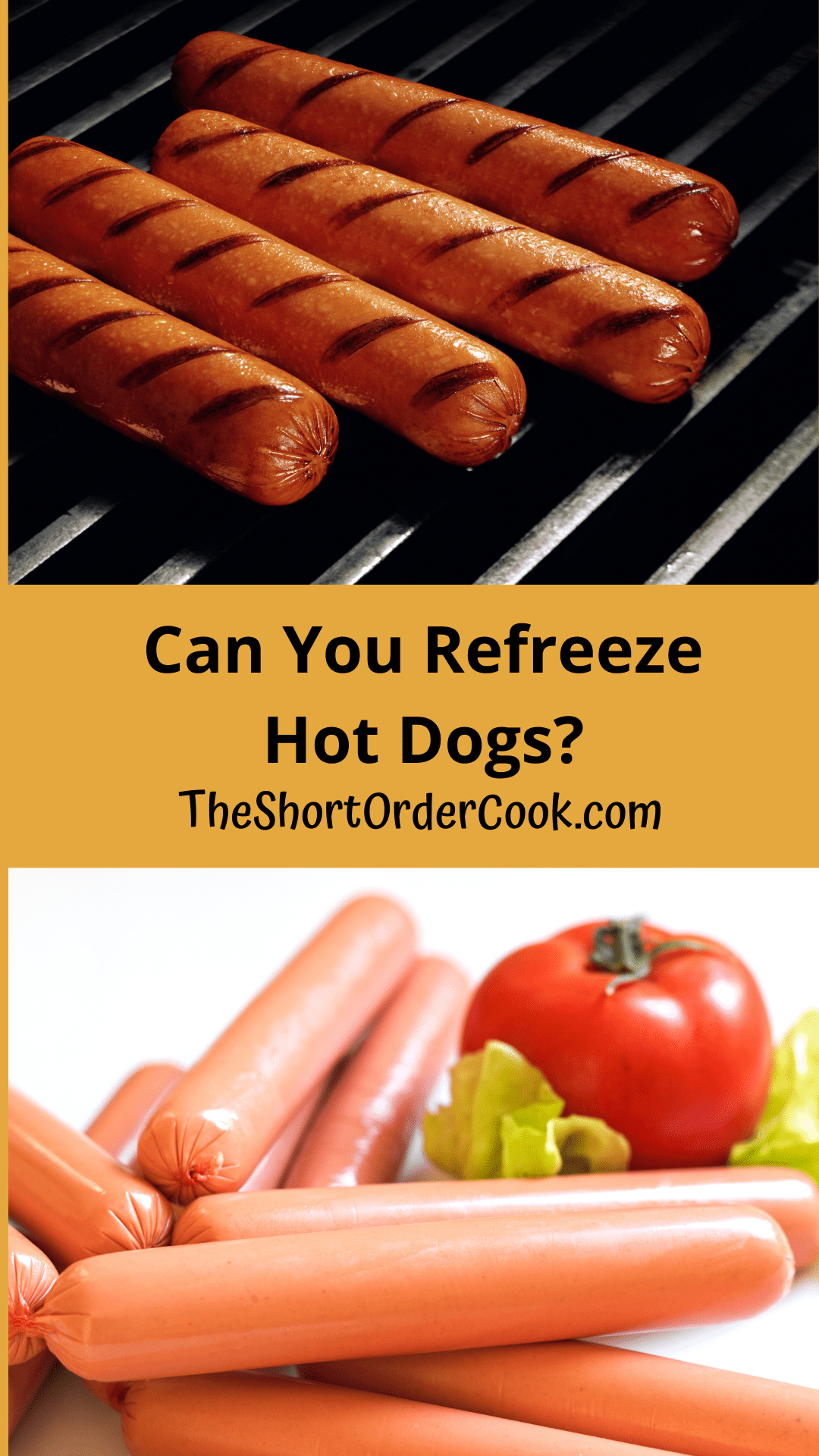 Grilled hot dogs on a bbq as top image and bottom images is raw hot dogs stacked up.