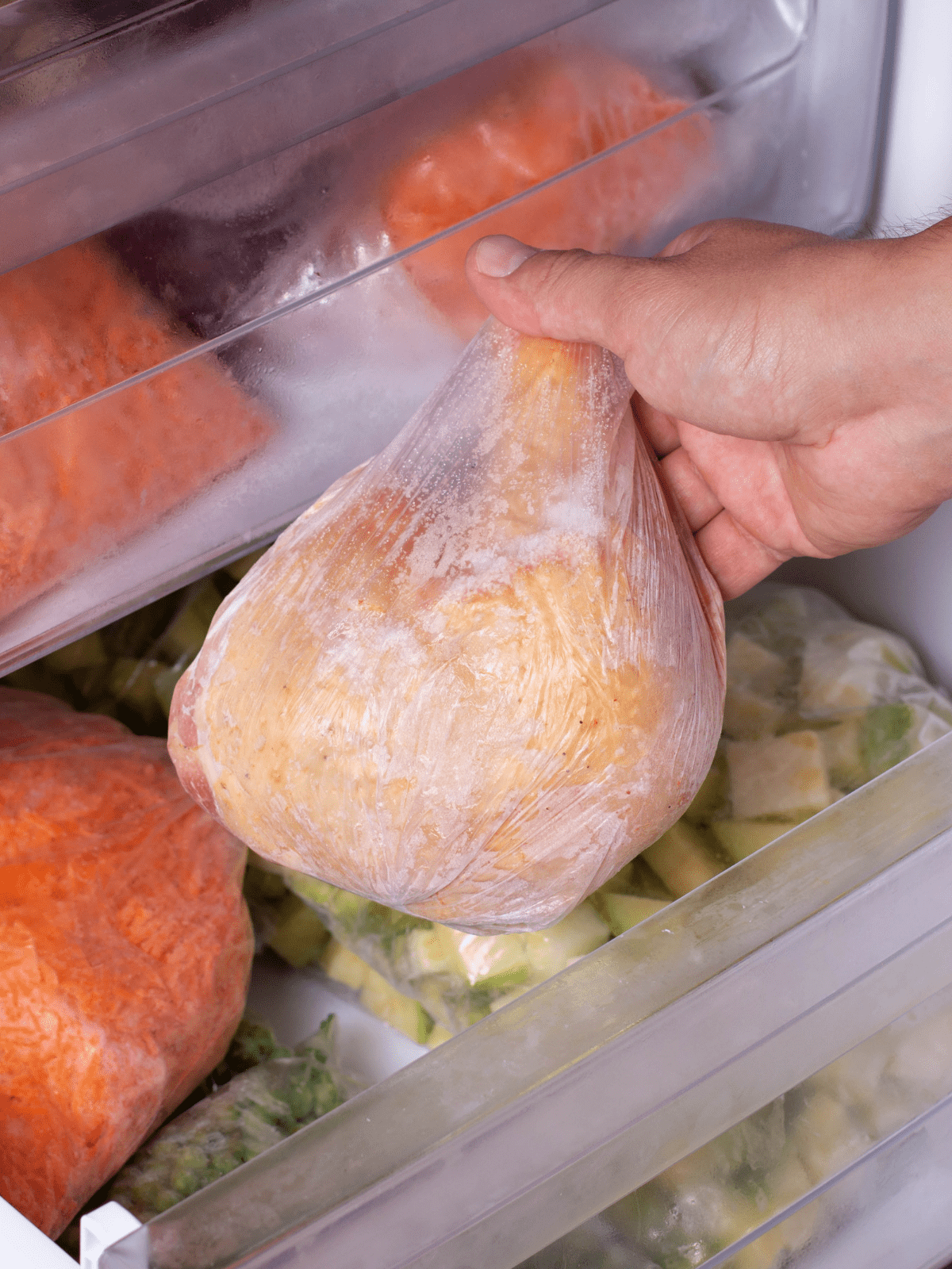A whole frozen chicken being lifted out of the freezer drawer.