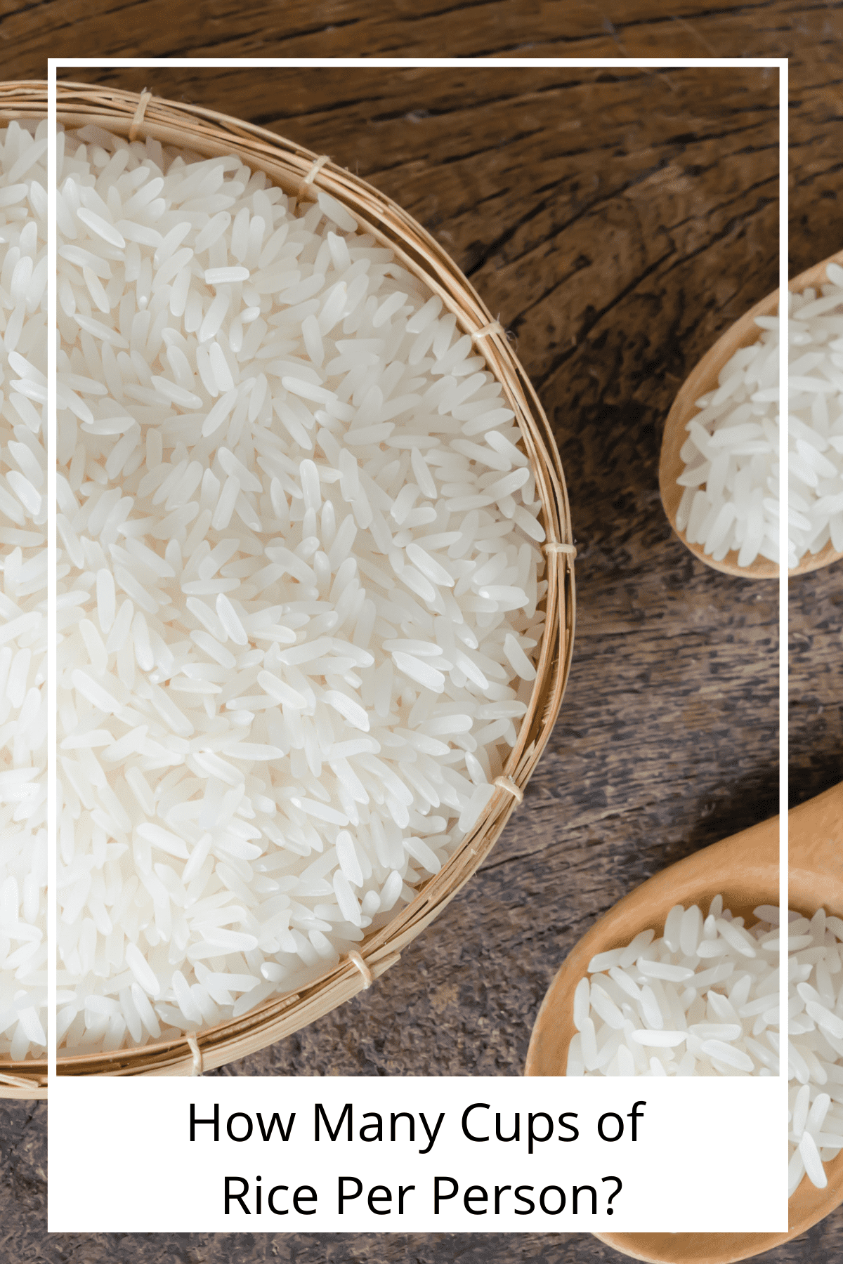 Overhead image of a bowl and several spoons filled with uncooked rice grains.