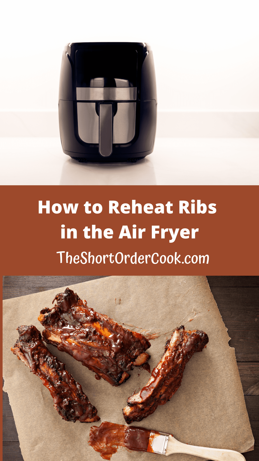 Photos of an air fryer and parchment paper with ribs on top.