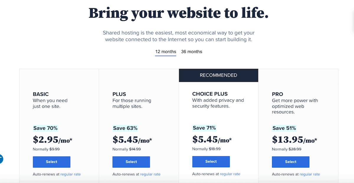 Bluehost plan prices and choices