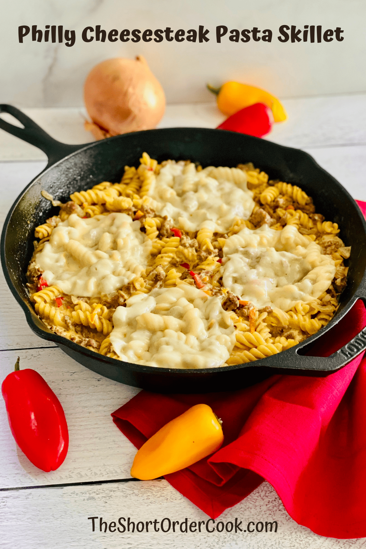 Philly Cheesesteak Pasta Skillet Ready to eat topped with melted cheese.