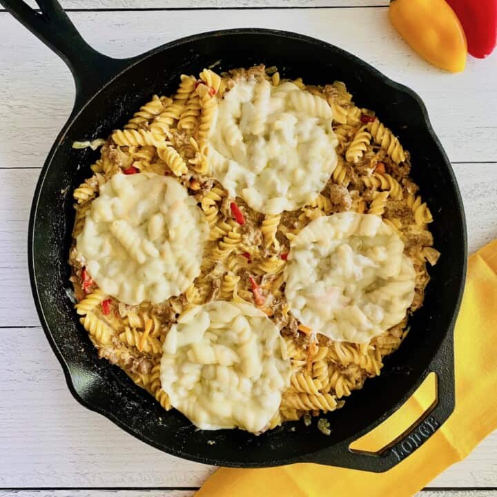 Philly Cheesesteak Pasta Skillet Casserole - The Short Order Cook