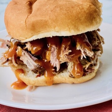 Closeup of Pulled pork with bbq sauce on a bun.
