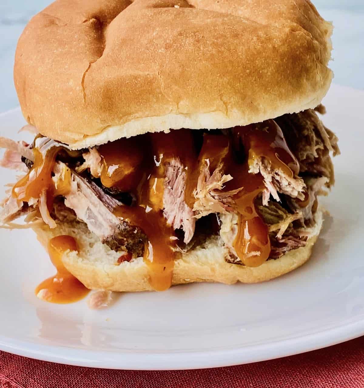 Closeup of Pulled pork with bbq sauce on a bun.