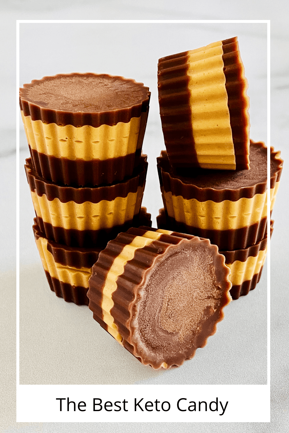 Chocolate peanut butter cups that are stacked and sugar-free.
