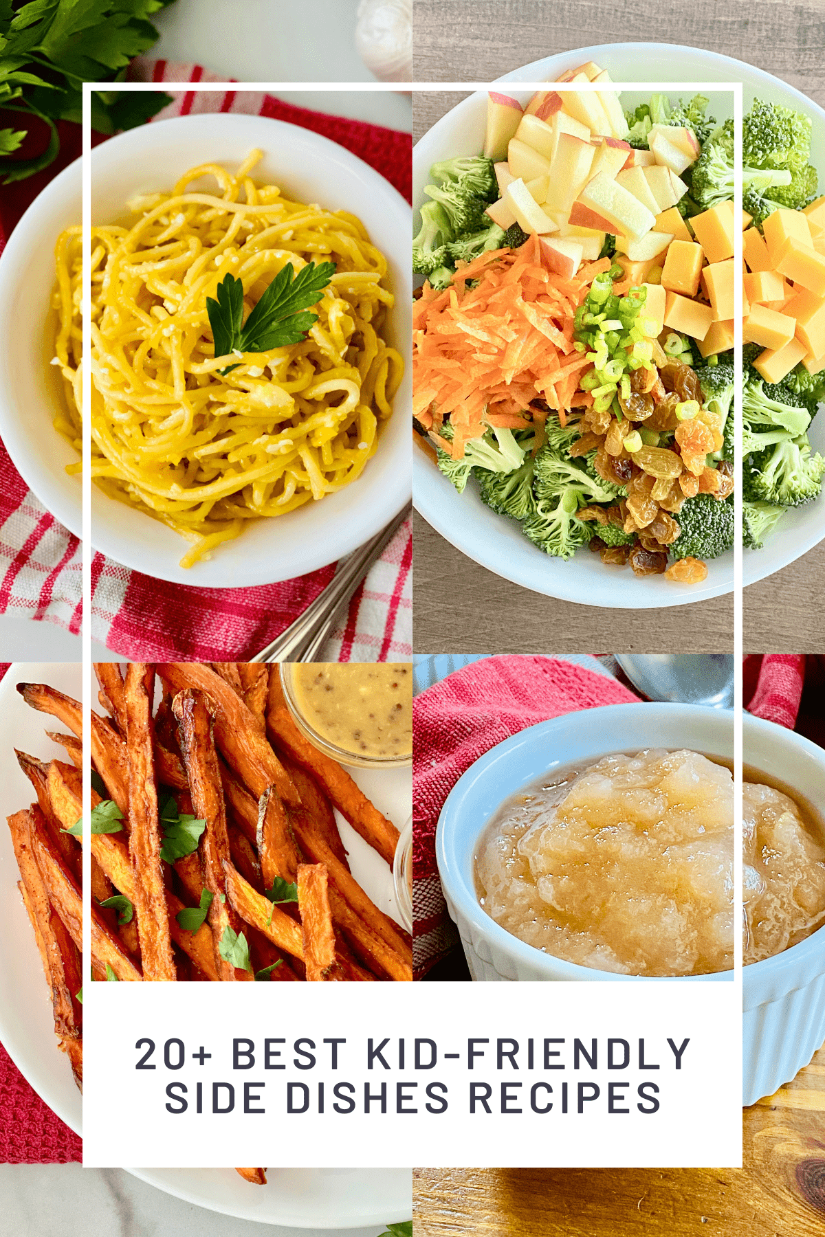 4 recipe images for fried spaghetti, broccoli salad, homemade apple sauce and sweet potato fries.