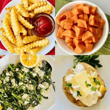 4 recipe images for air fryer fries, sweet potato cubes, air fryer broccolini and baked potato.
