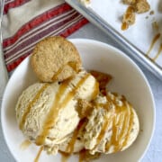 A bowl with 2 scoops of caramel apple pie ice cream.