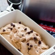 A baking dish filled with healthy vegan sugar-free chocolate ice cream.
