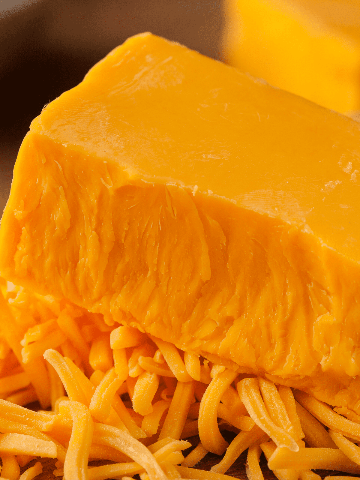A block of cheddar with some shredded off of it.