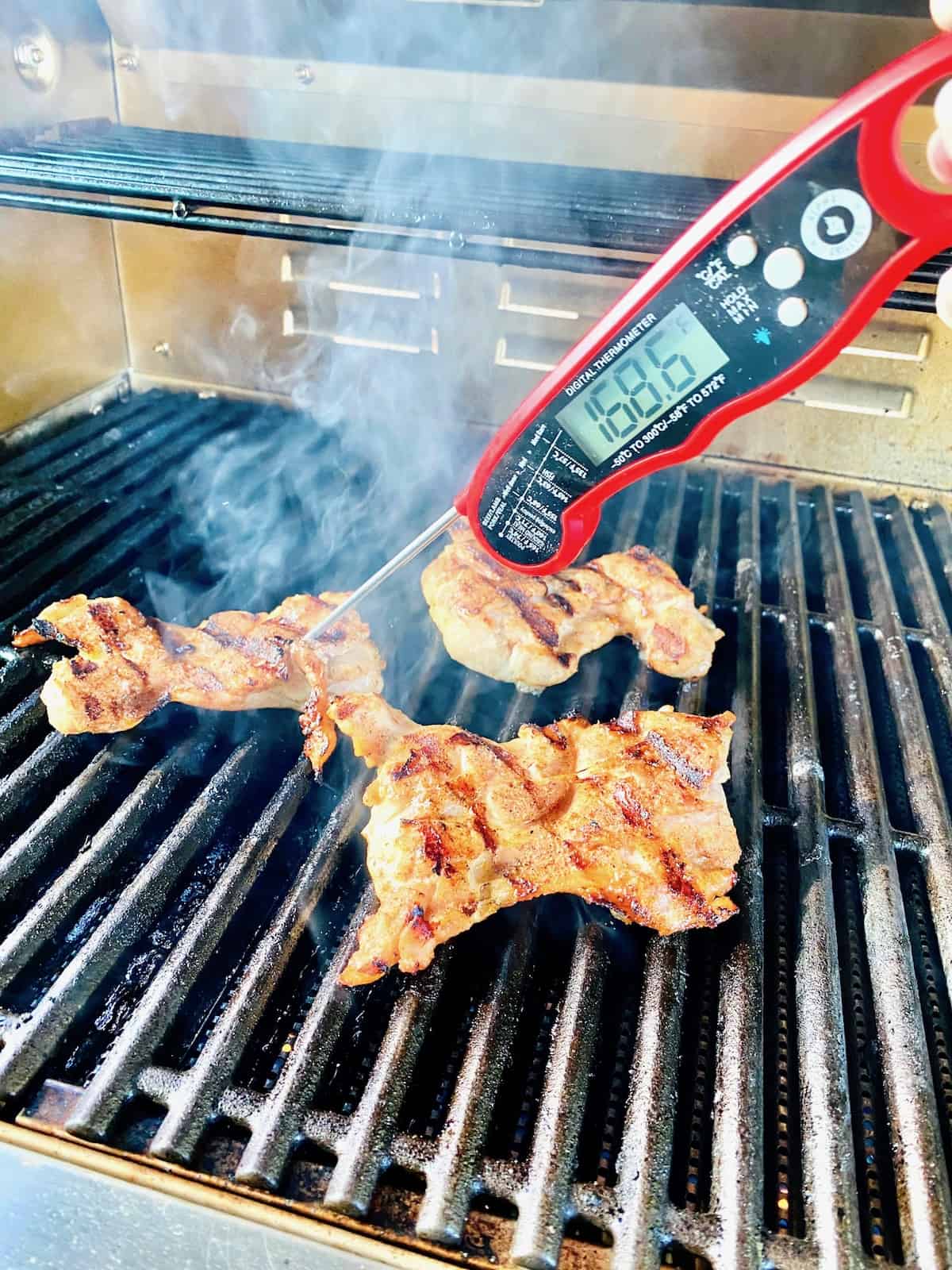 Quick read thermometer checking grilled chicken thighs.