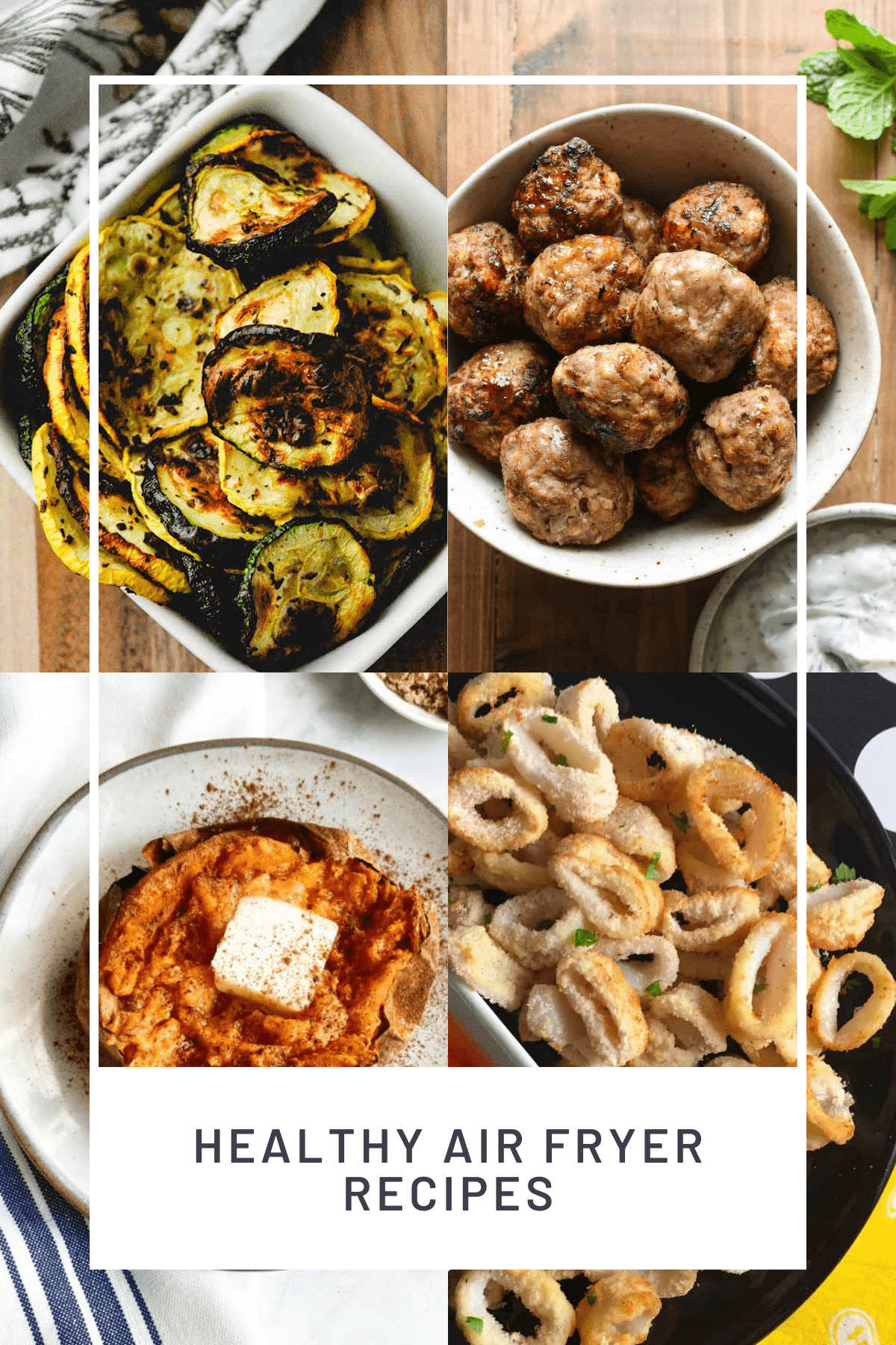 4 recipe images for air fryer squash, turkey meatballs, sweet potato and keto calamari.