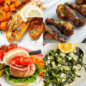 4 recipe images for air fried tilapia, drumsticks, turkey burger and broccolini.