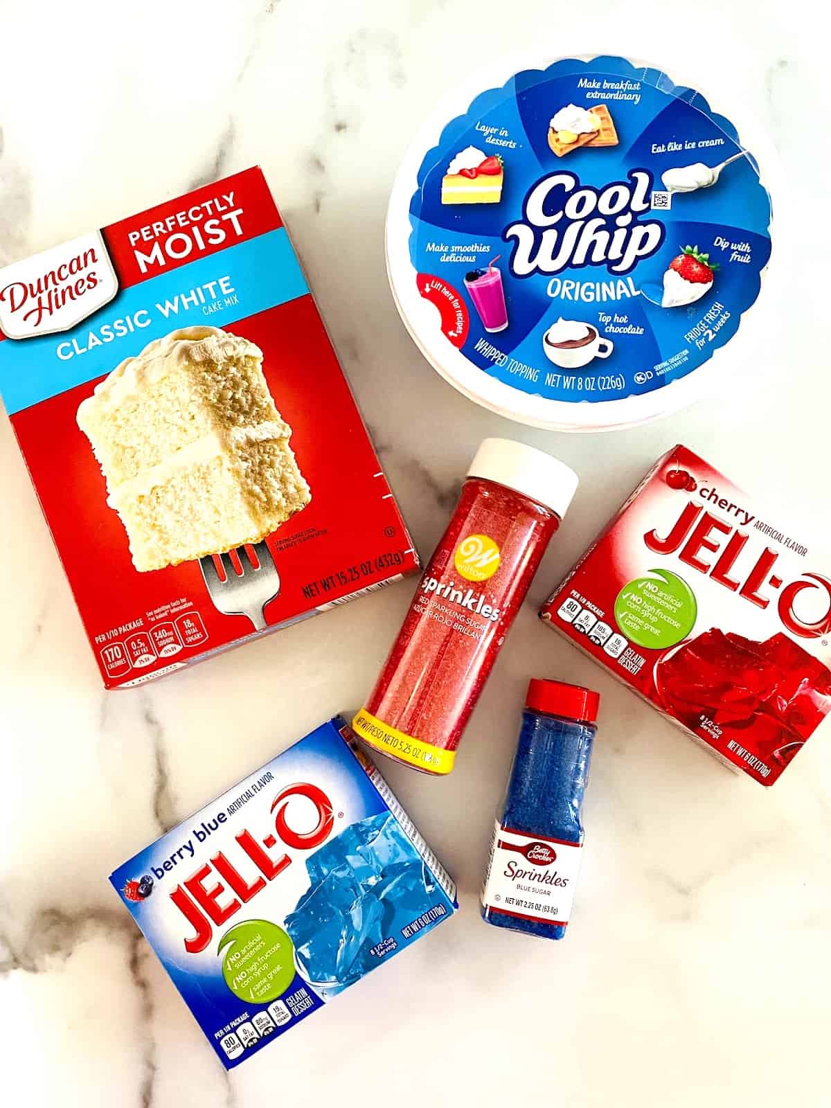 Ingredients for Jello Patriotic poke cake.