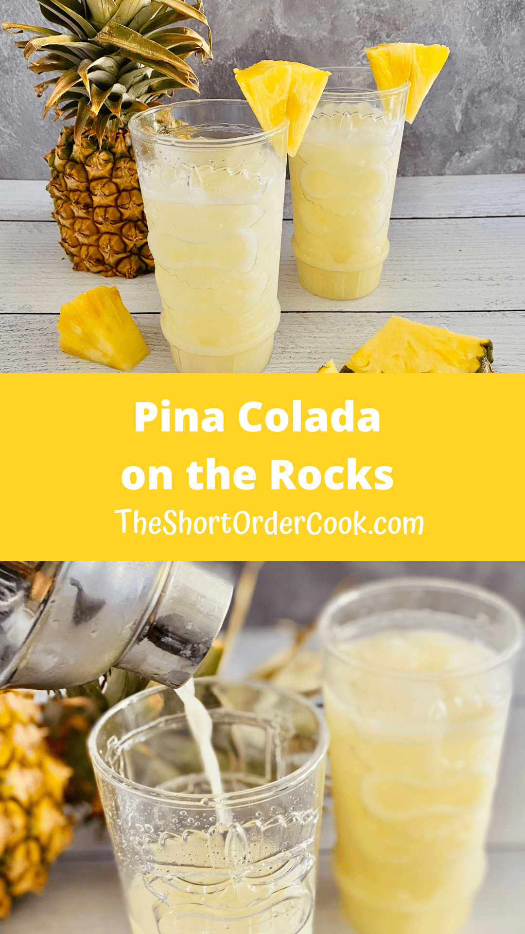 Two recipe images for pina coladas in glasses and another with the shaker of cocktail being poured into a glass.