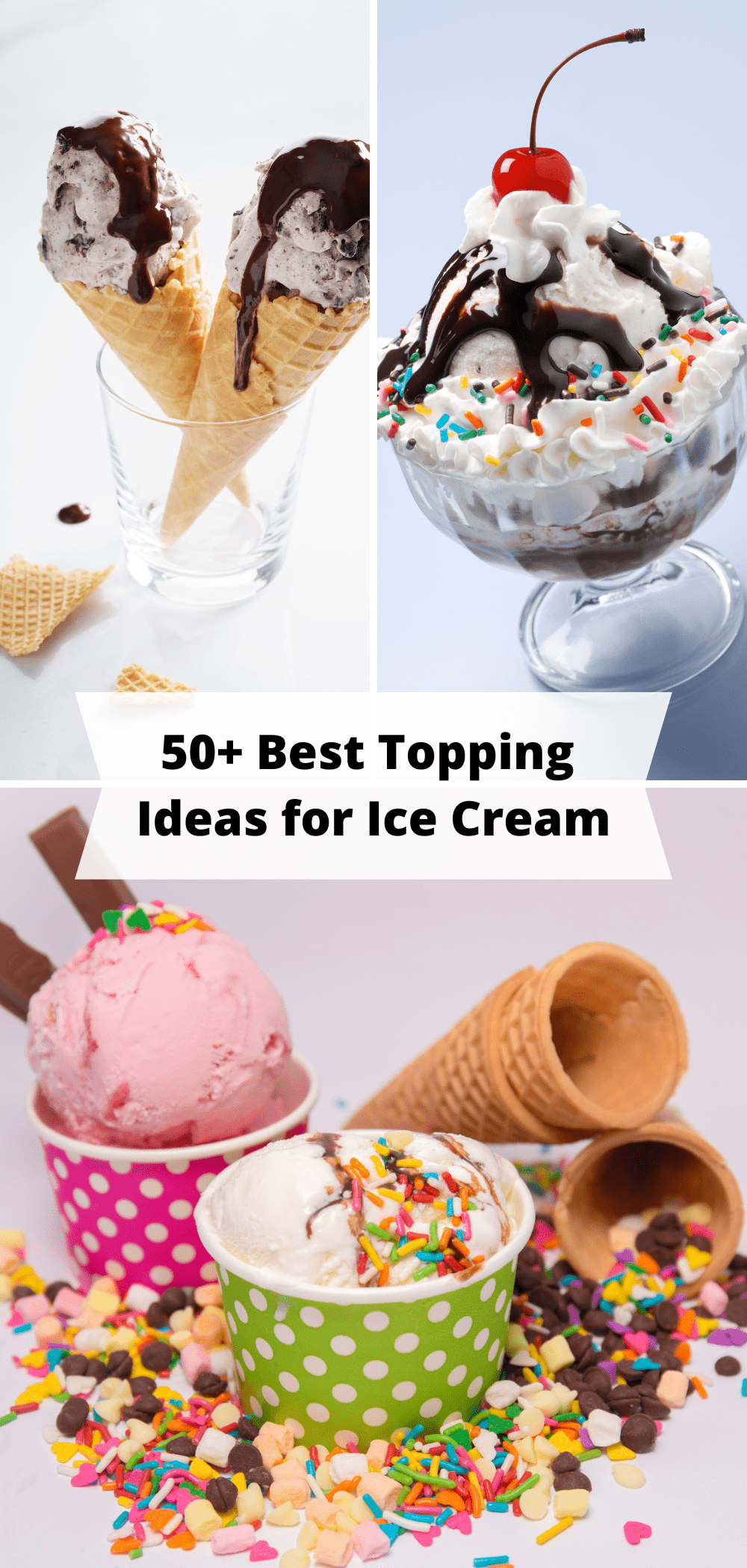 Images of different bowls and cones of ice cream with many toppings.