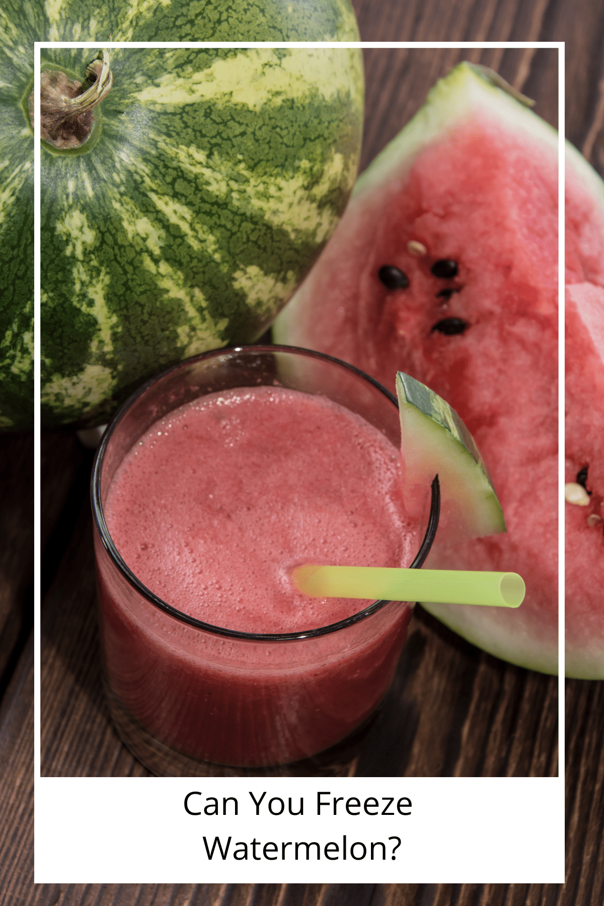 A large wedge of watermelon on a table with a watermelon smoothie in a glass.