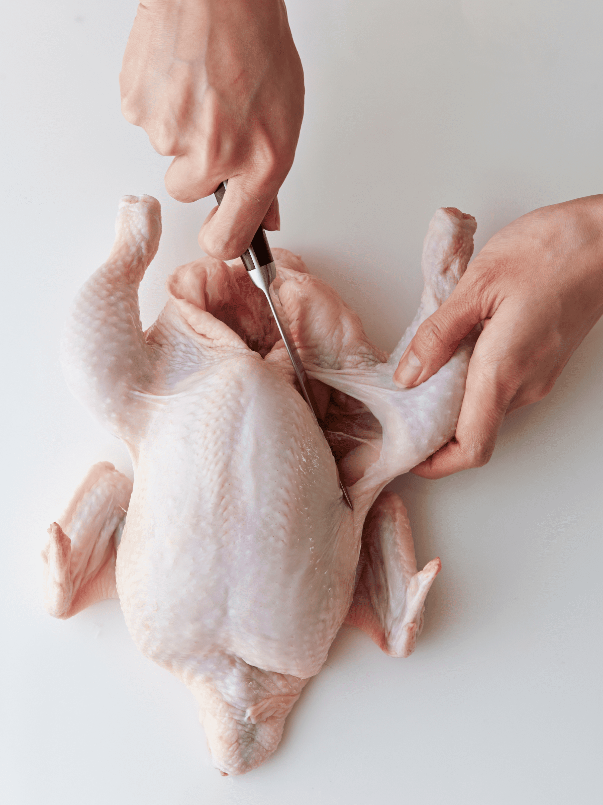 A knife cutting a whole chicken into pieces.