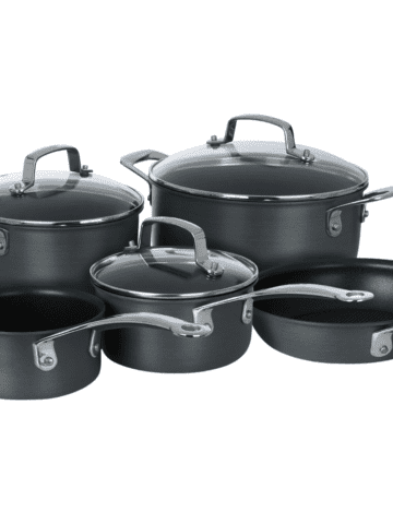 A set of black pots and pans.
