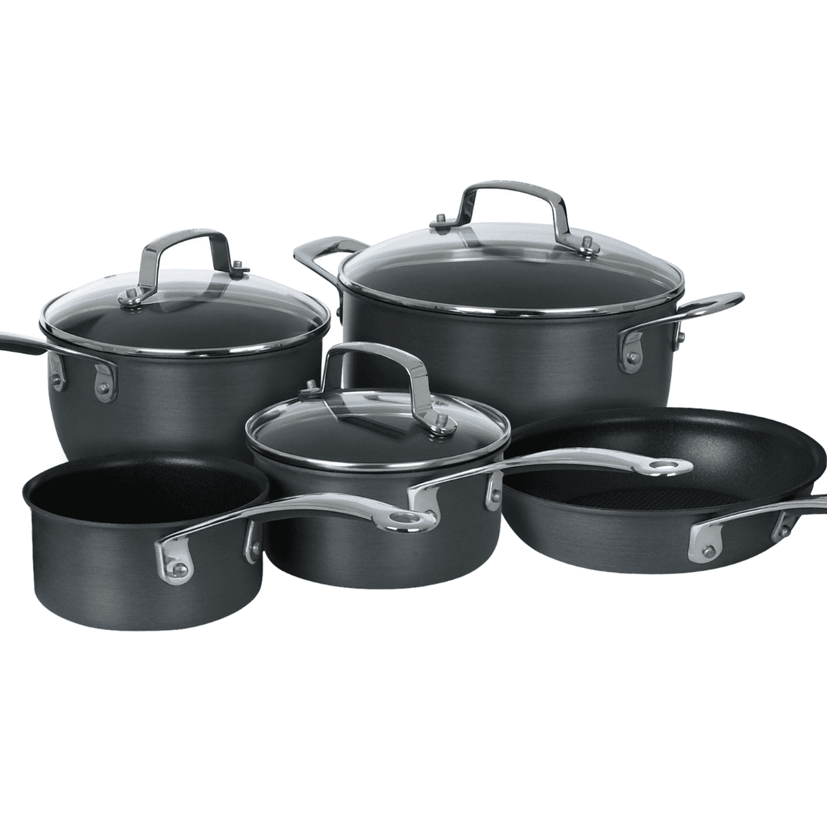 A set of black pots and pans.