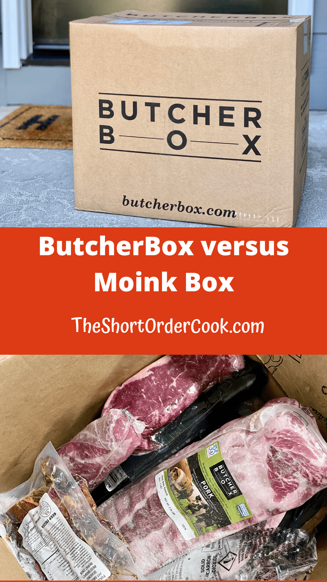Two images of a ButcherBox delivery box on the front porch and inside the box with frozen packaged meats.