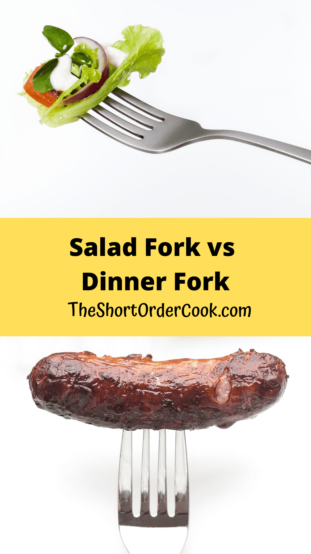 A salad fork and dinner fork with food on each.