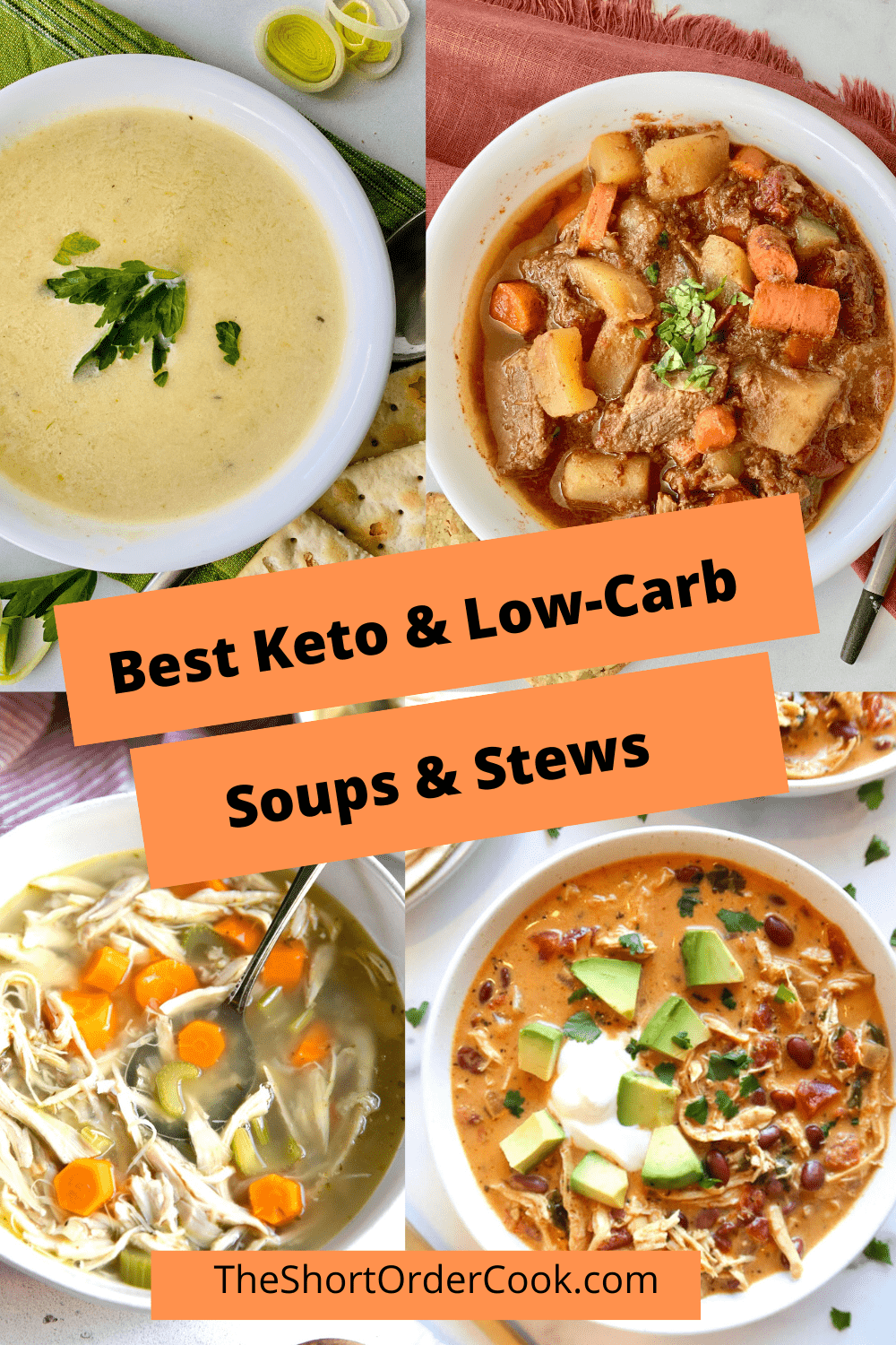 Four bowls of different soups and stews.