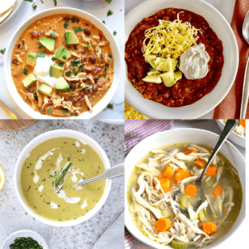 Four different soups and stews in white bowls.