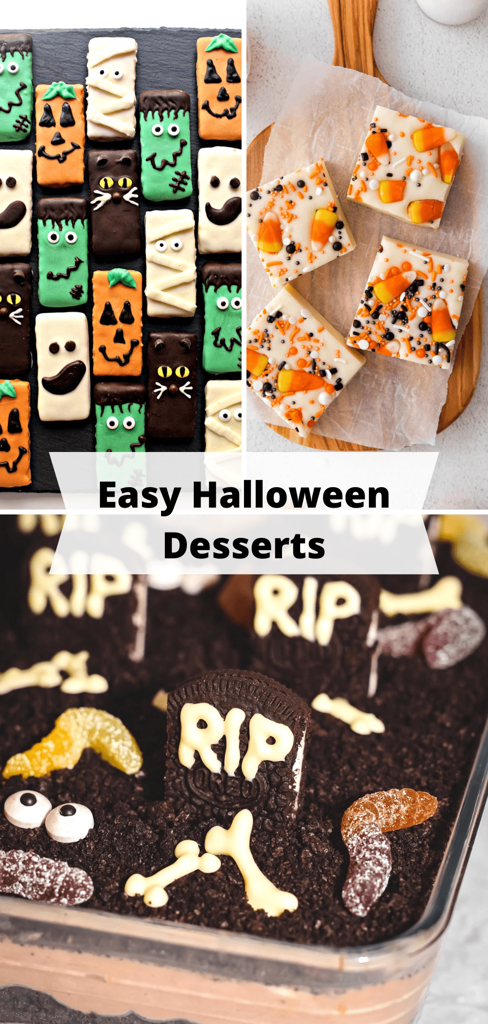 Different cakes and cookies decorated for Halloween.