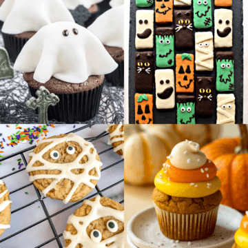 Halloween recipe collage with cookies and cupcakes.
