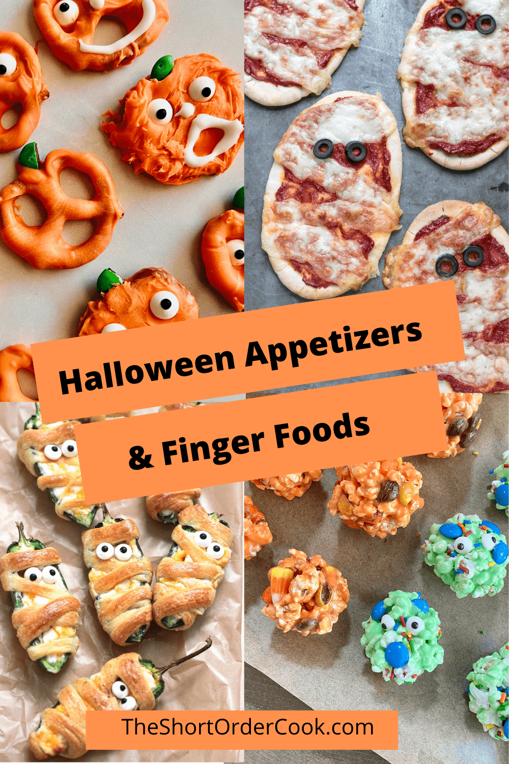 4 different recipes for mummy and pumpkin shaped foods.