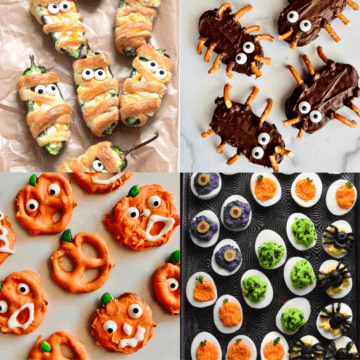4 photos of different finger foods in halloween inspired shapes of bugs mummies and pumpkins.