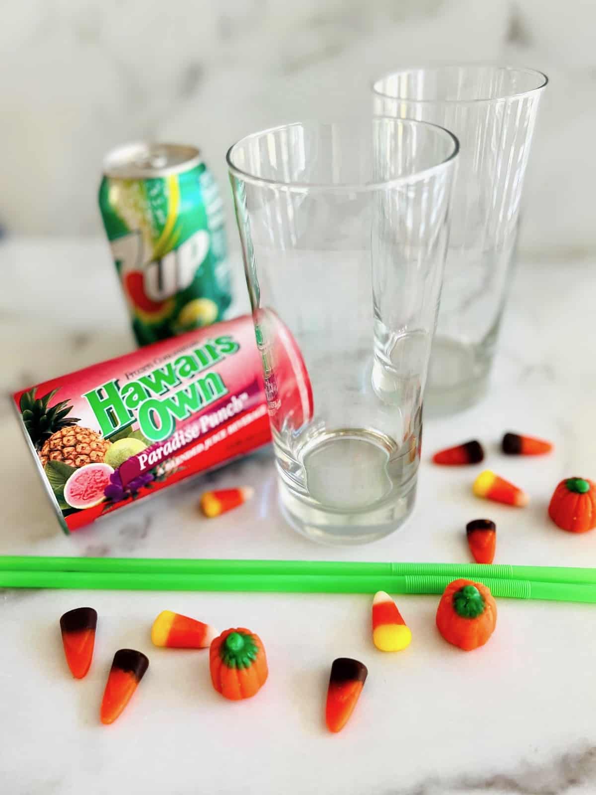 Hocus Pocus Kid-Friendly Punch ingredients and glasses.