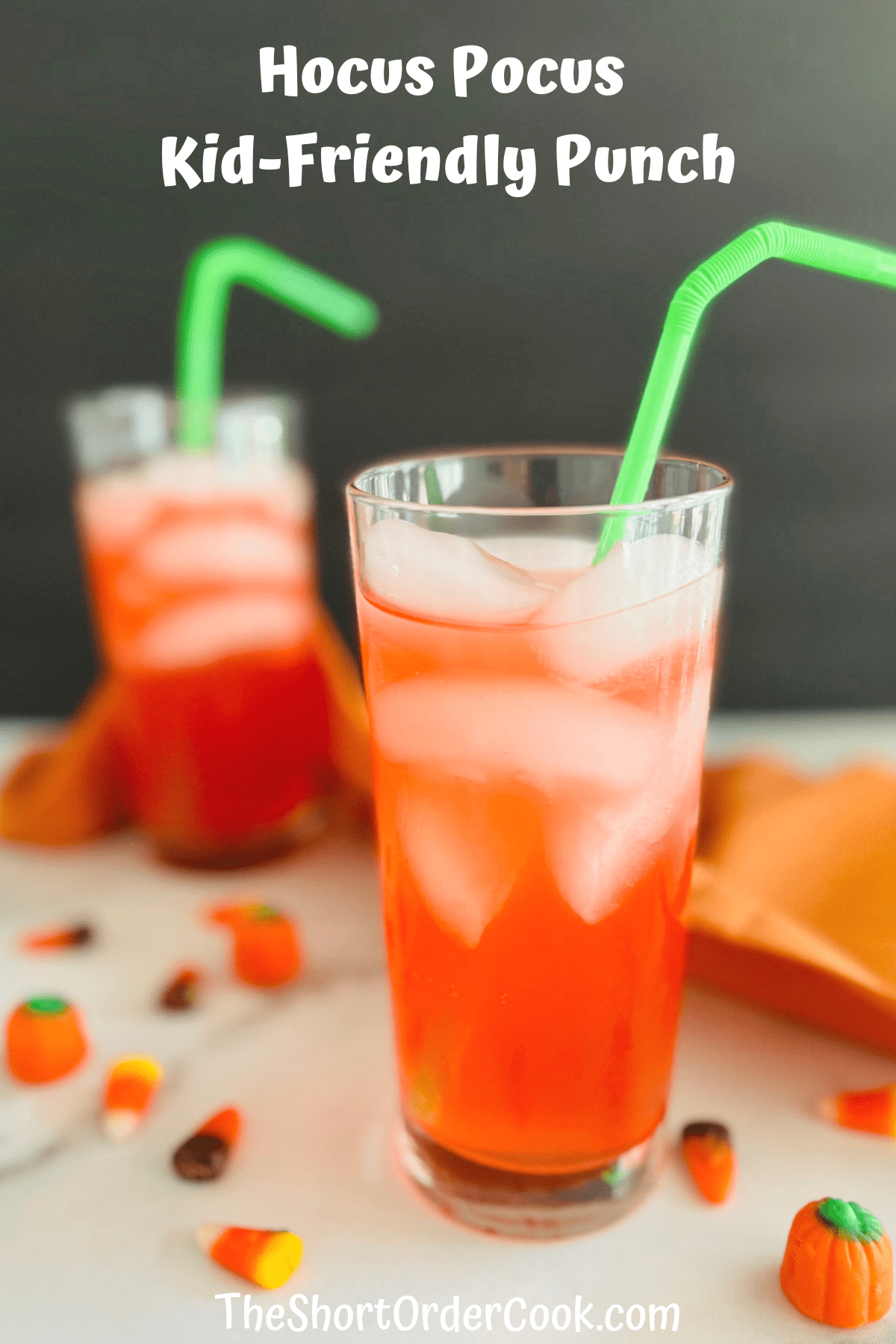 Two glasses filled with red punch and soda for a Hocus Pocus movie themed Halloween drink.