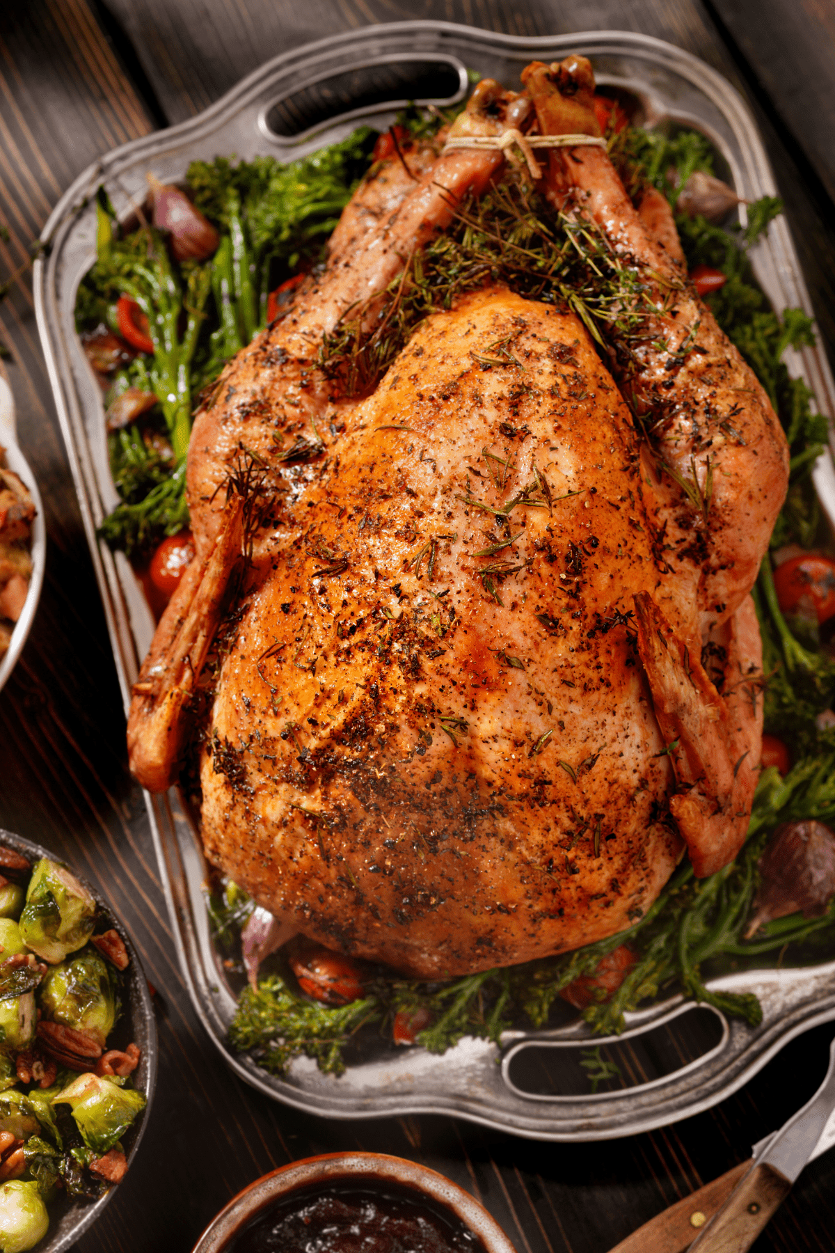 Turkey ready in a roasting pan.