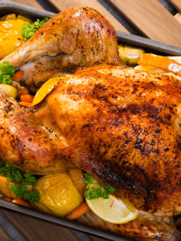 Roasted turkey in a pan.