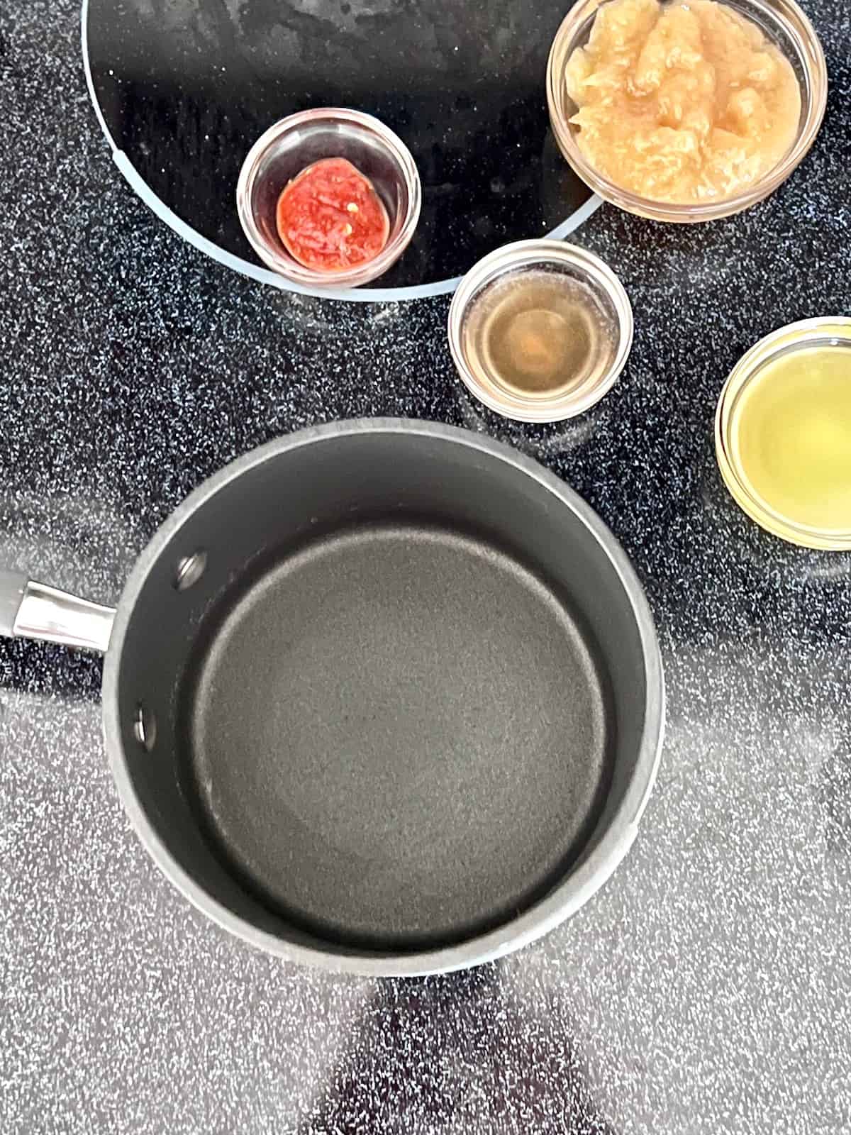 Overhead of saucepan and the ingredients.