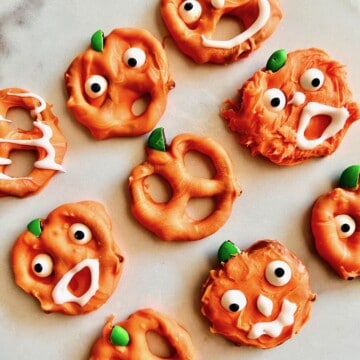 Pumpkin Pretzels Faces & pretzels ready to eat close up.