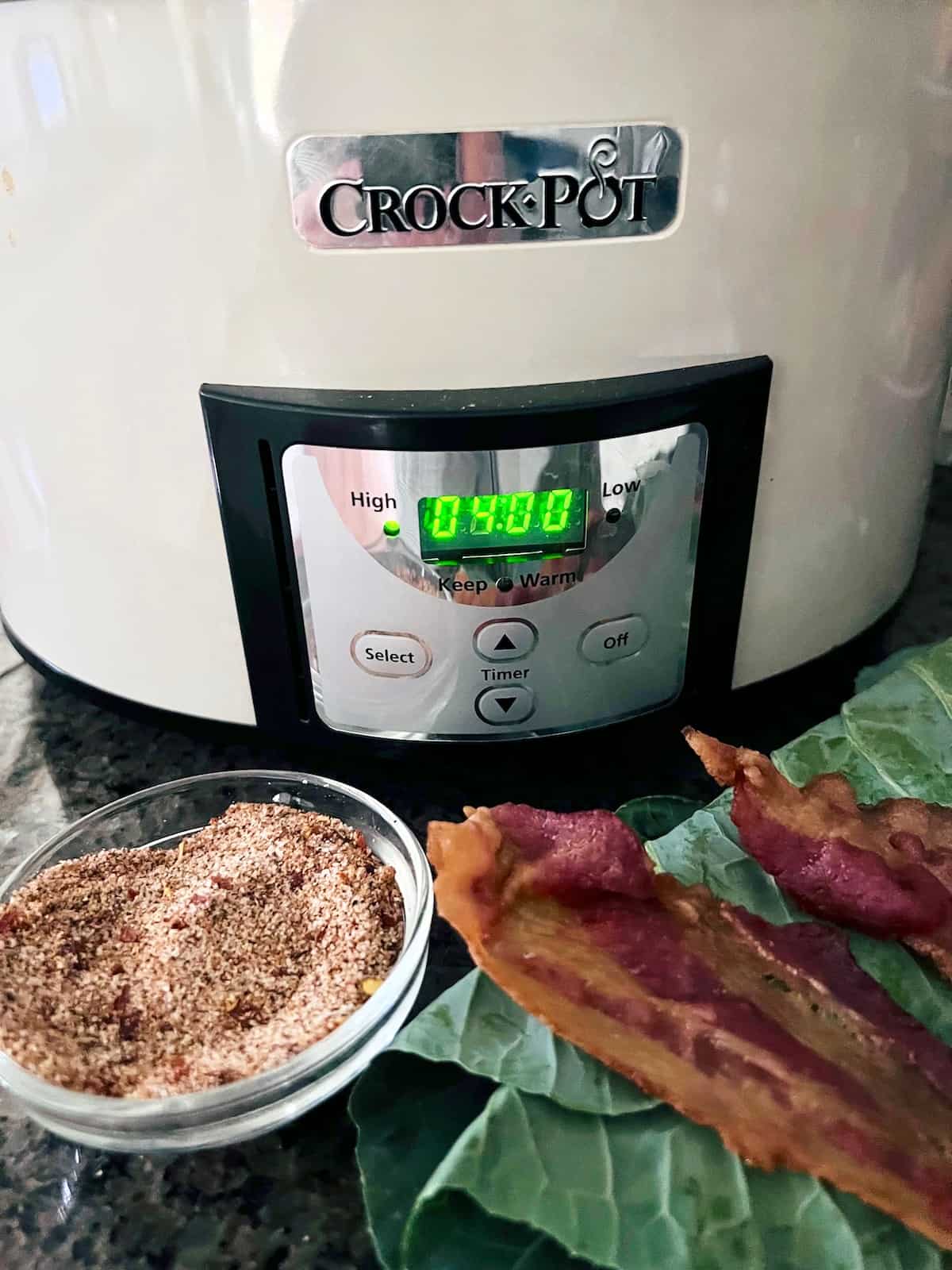 Slow Cooker Collard Greens Crockpot set for time to cook.