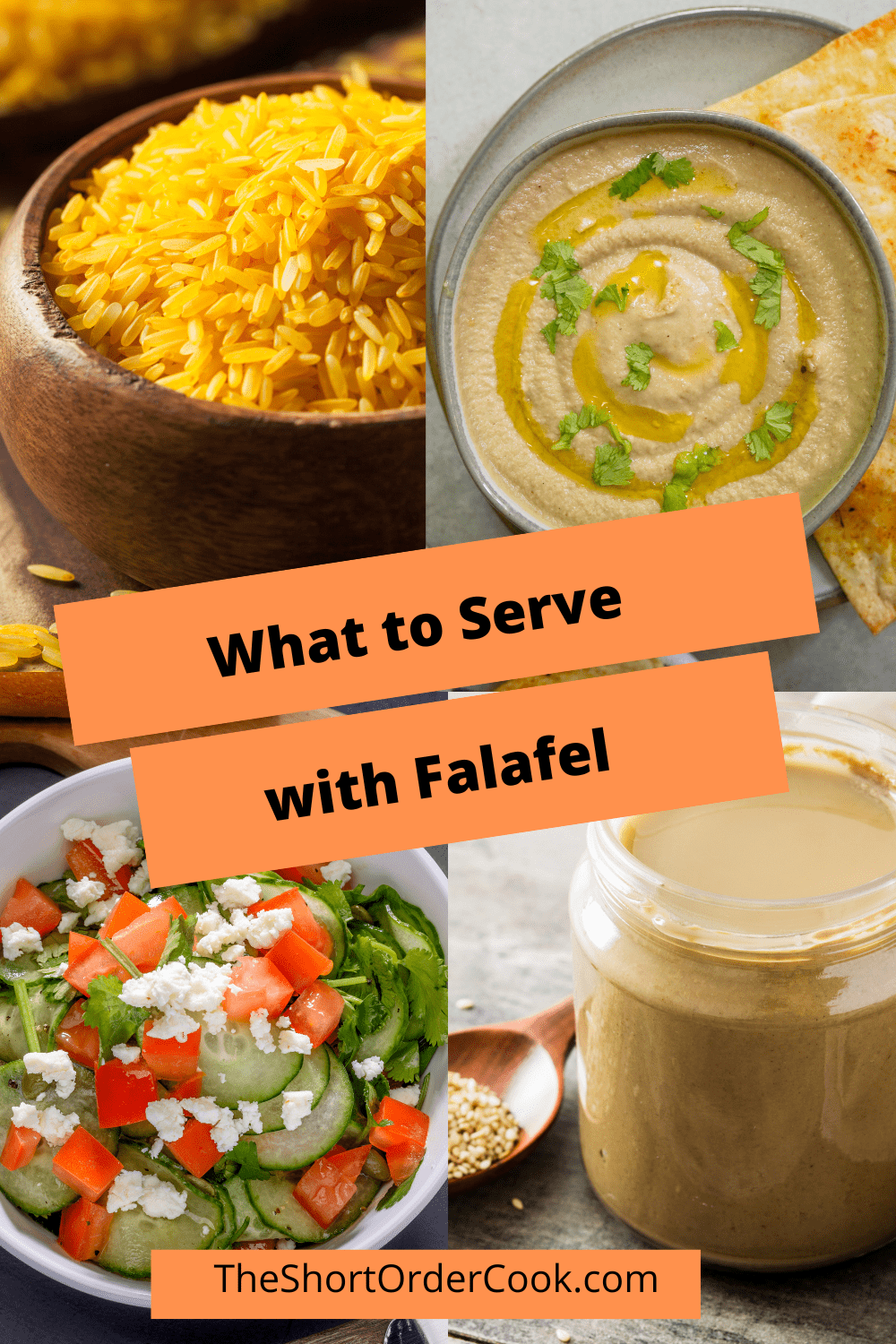4 recipes for rice, hummus, cucumber salad and tahini to eat with falafel.