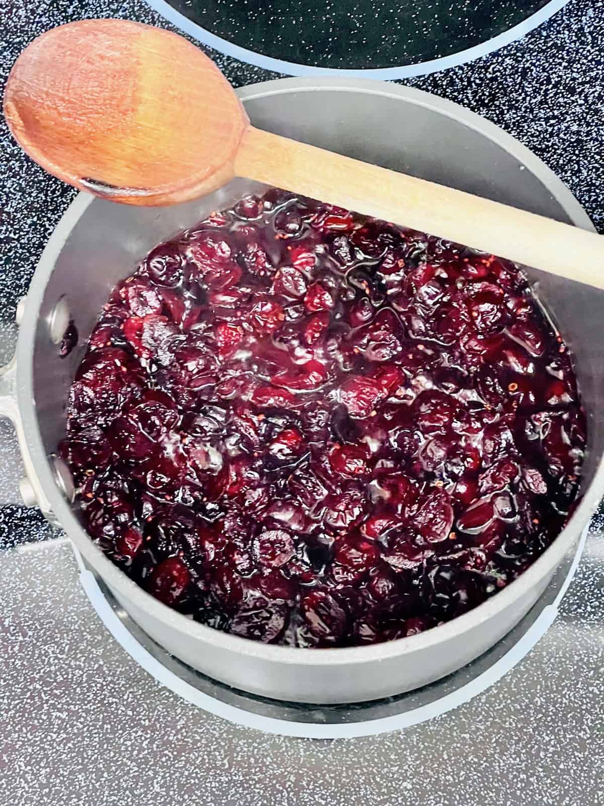 Ingredients in a pot to cook the dried cranberries into cranberry sauce.