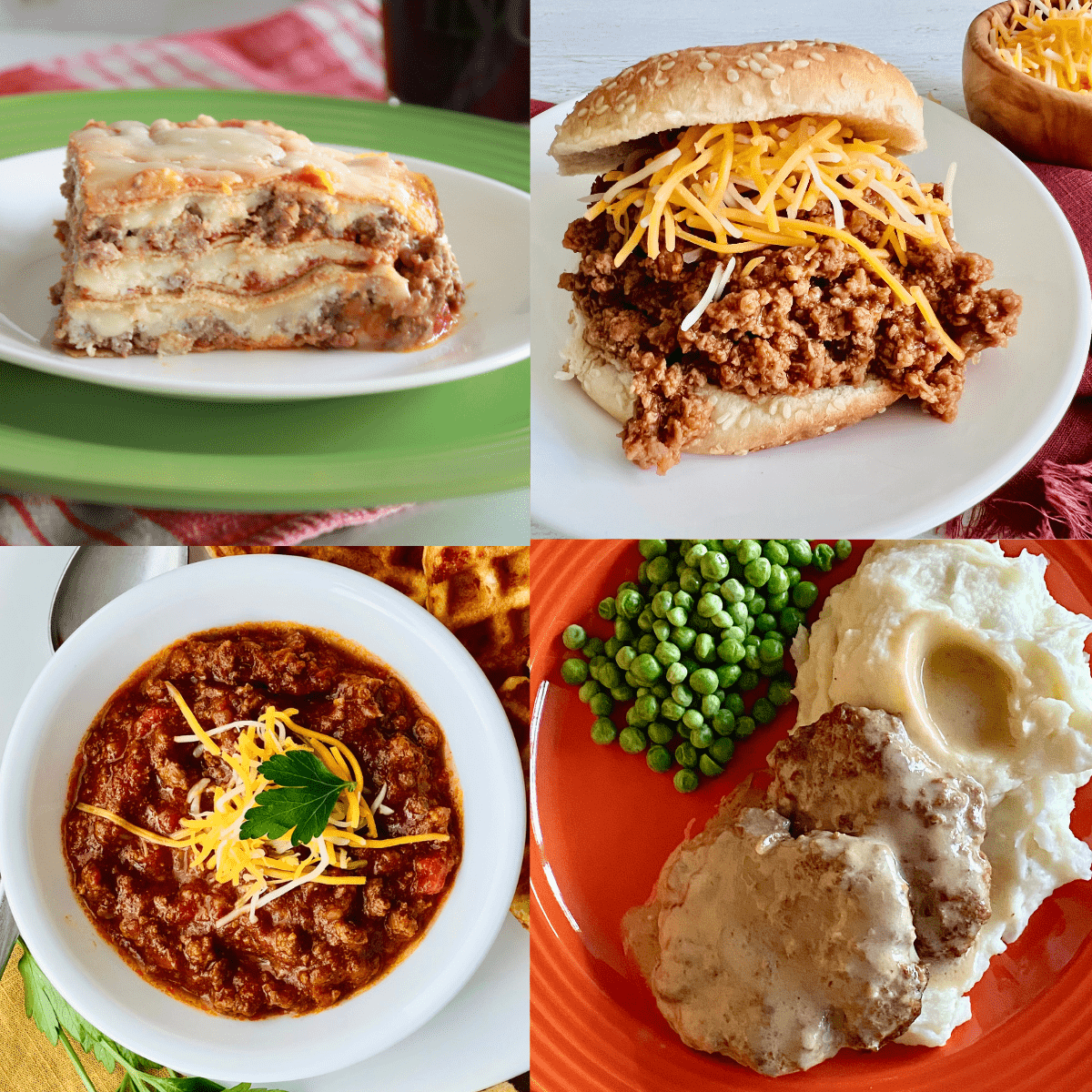 Pictures of lasagna, sloppy joes, chili, and salisbury steak.