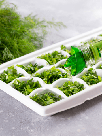 Freezing herbs in an ice cube tray with olive oil. 