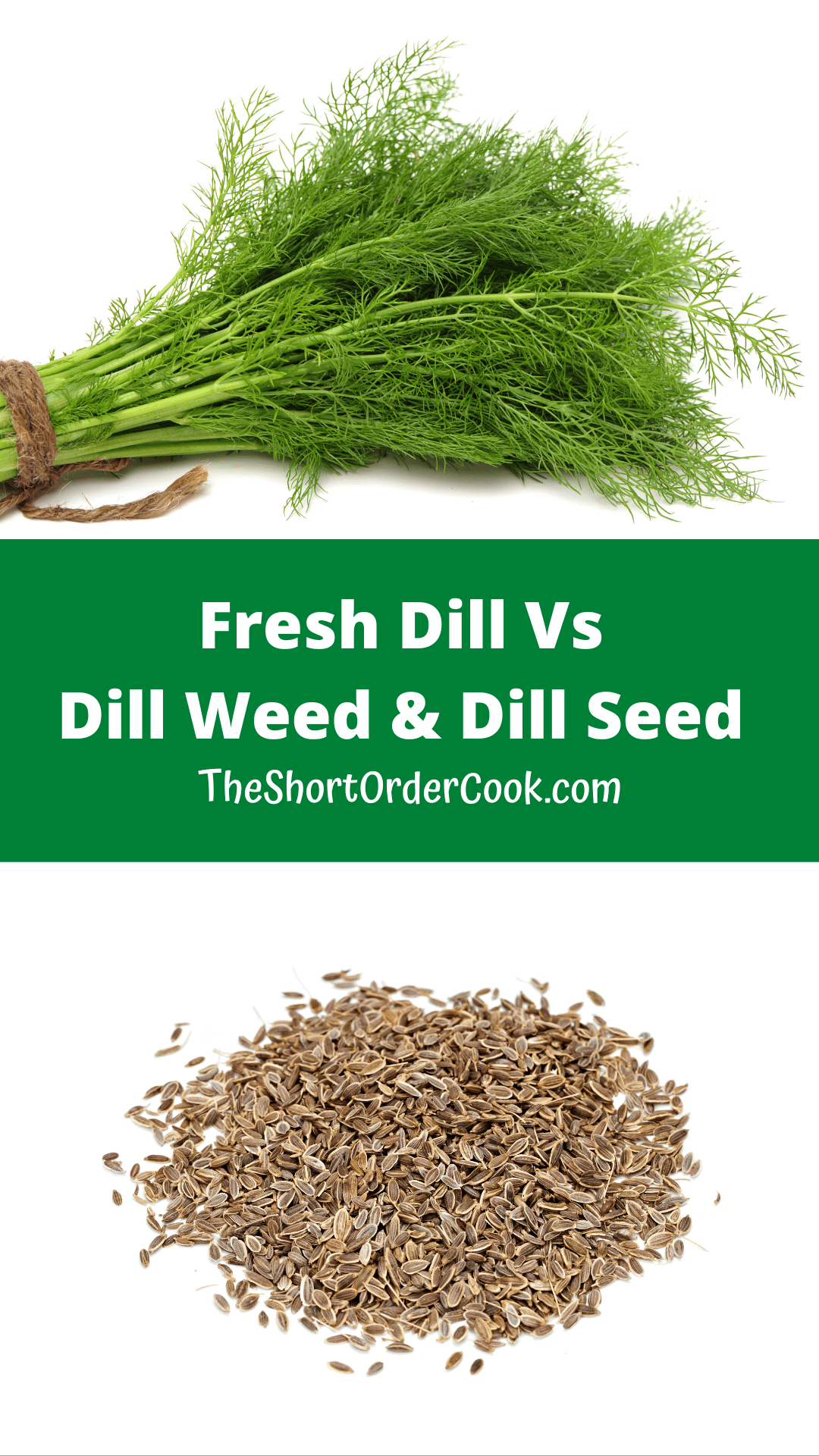 A bunch of fresh dill and a pile of dill seeds on a table.