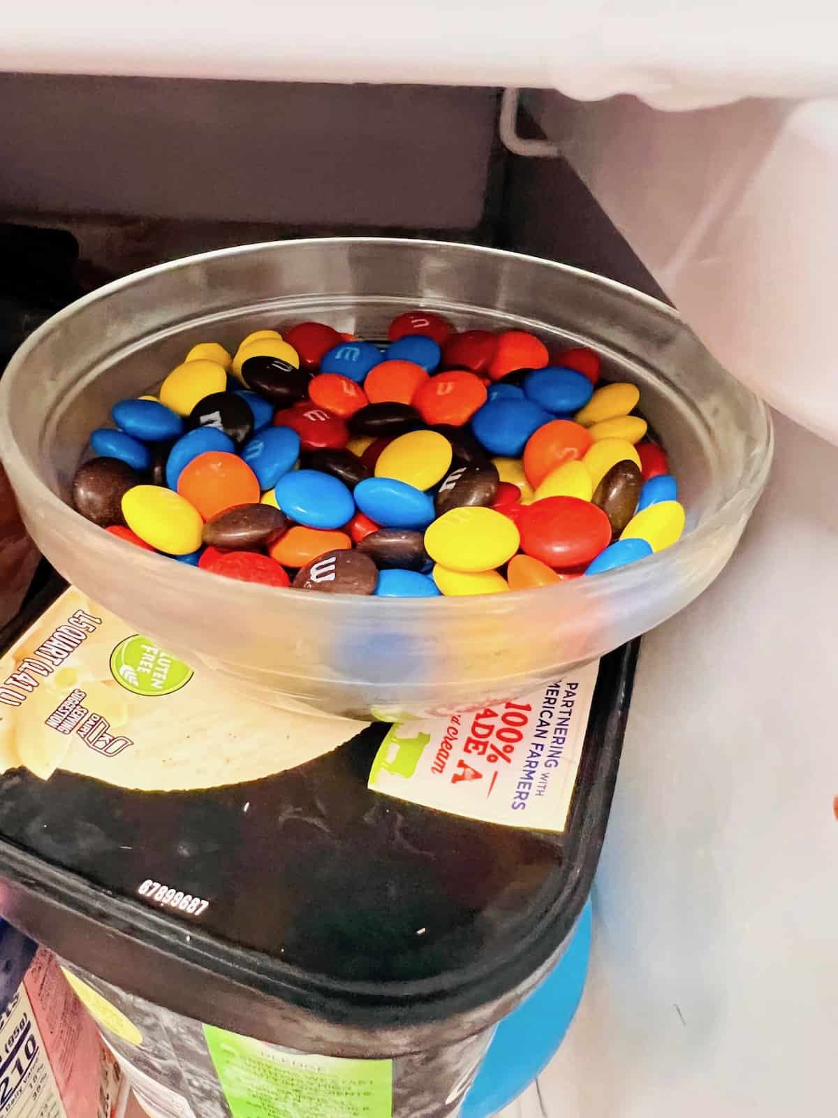 Bowl of M&Ms in the freezer.