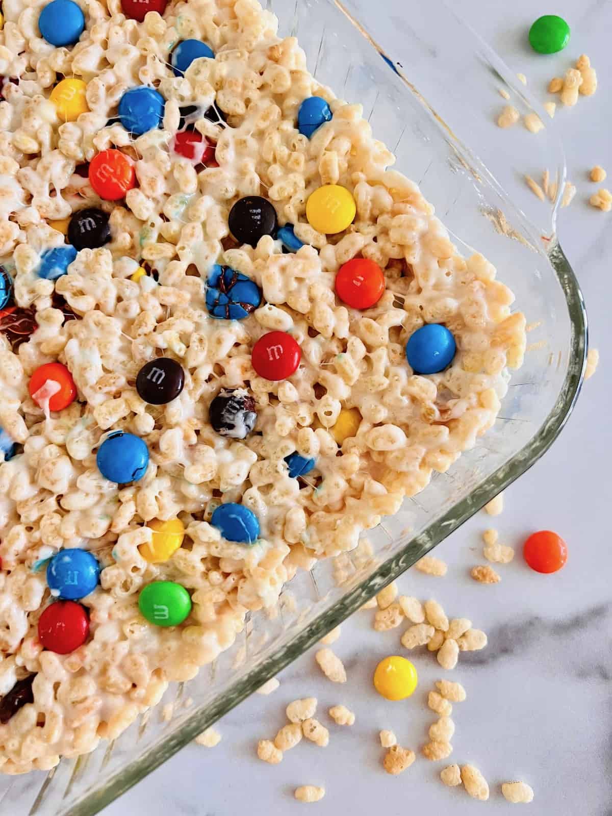 M&M Rice Krispies Treats Cooling to set in the pan.