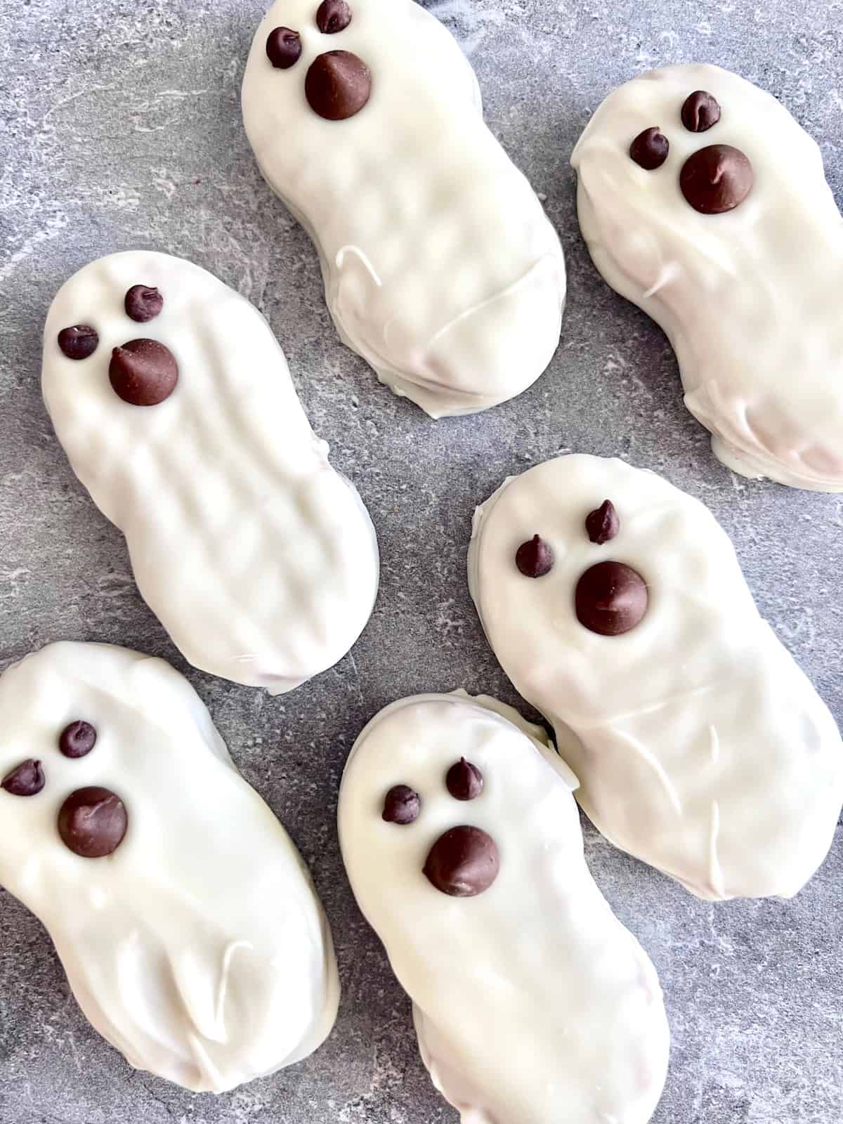 Nutter Butter Ghosts on a grey marble counter.